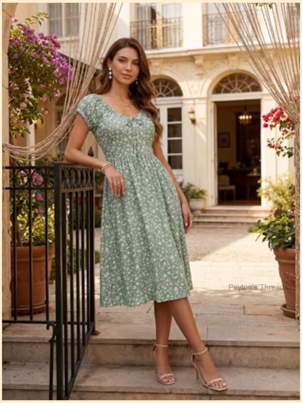 Floral V Neck Puff Cap Sleeve Sundress Midi Dress with Pockets - Picture 2 of 7